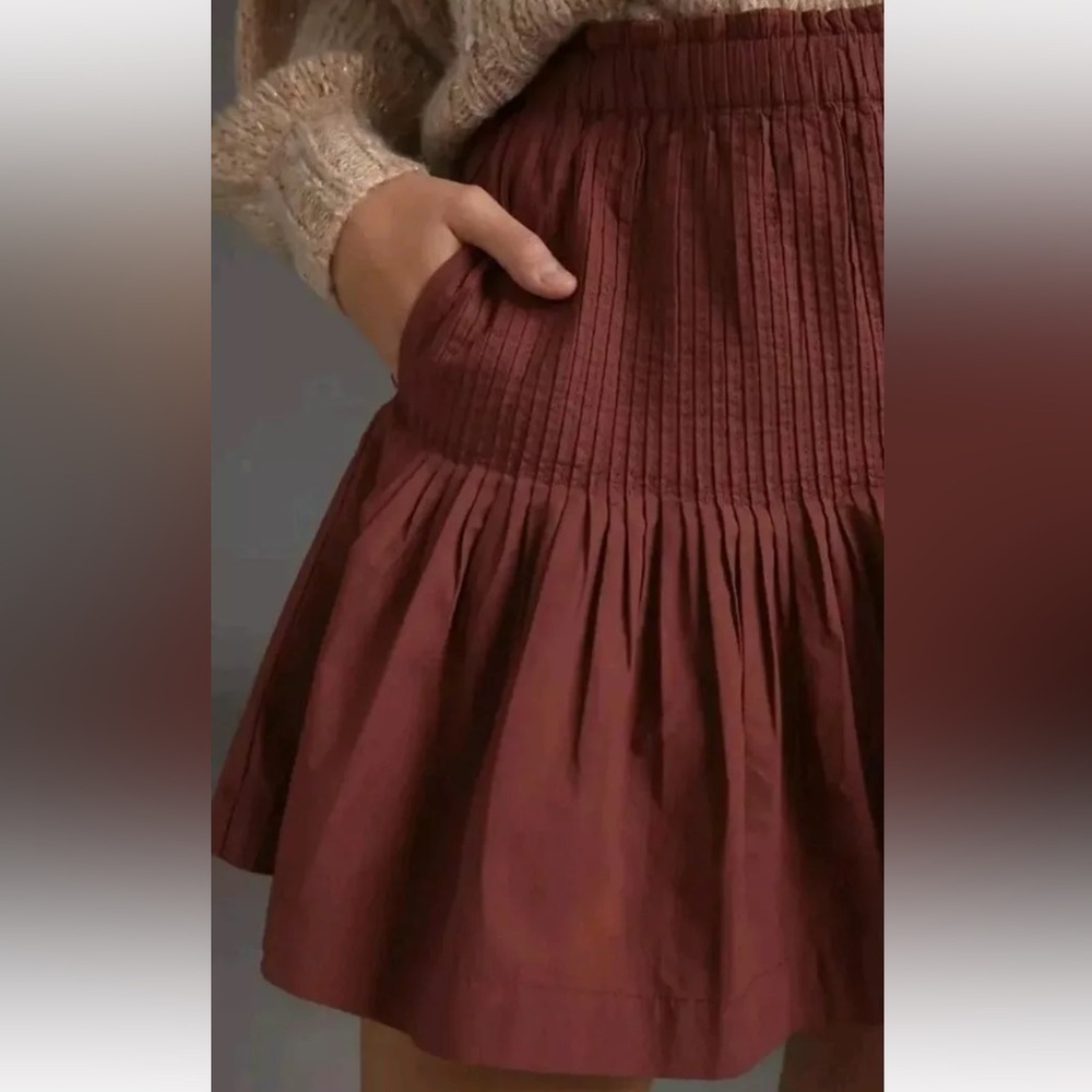 Anthropologie Womens Eula Mini Skirt Pintuck Pleated Flare Chocolate Size M - Picture 2 of 11